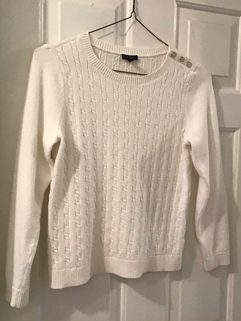 Talbots Ivory Cable-Knit Crewneck Sweater with Shoulder Buttons Size LP
